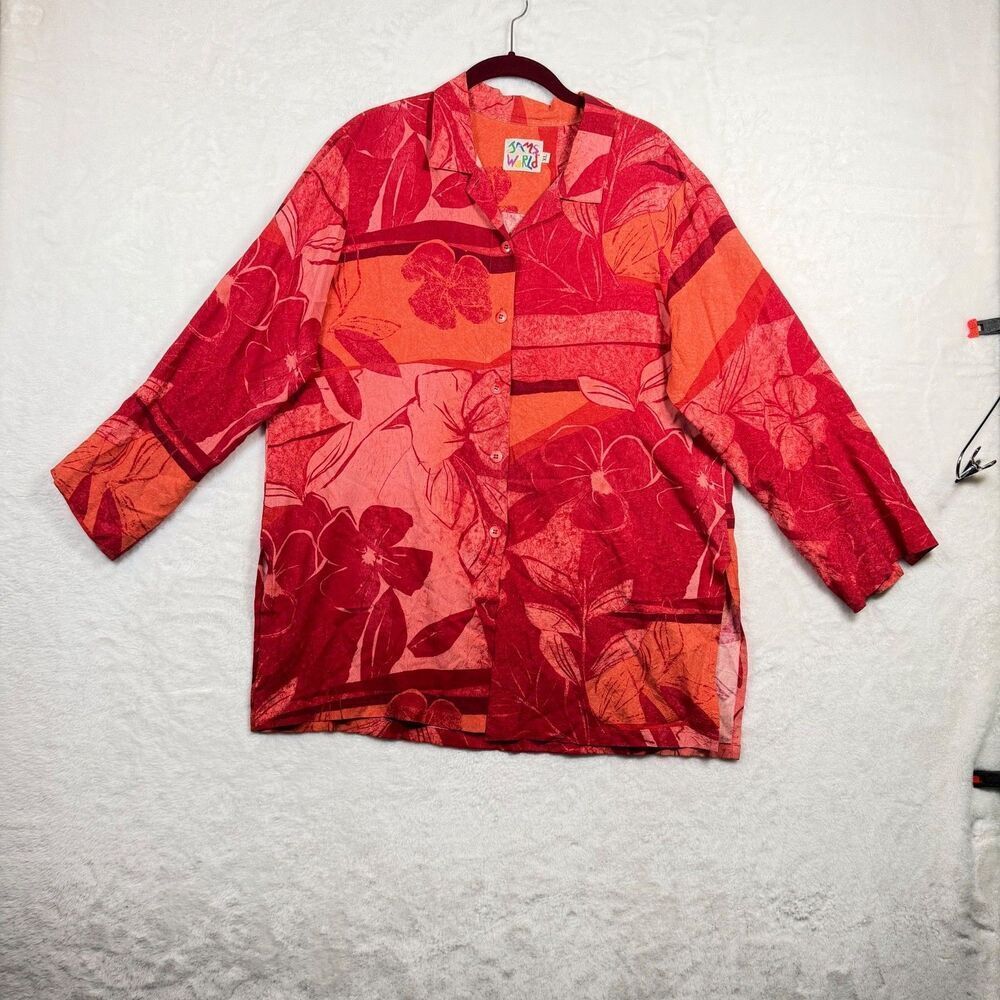 Jams World Hawaii Floral Button Front Shirt Womens XL Rayon Camp Top Red Orange